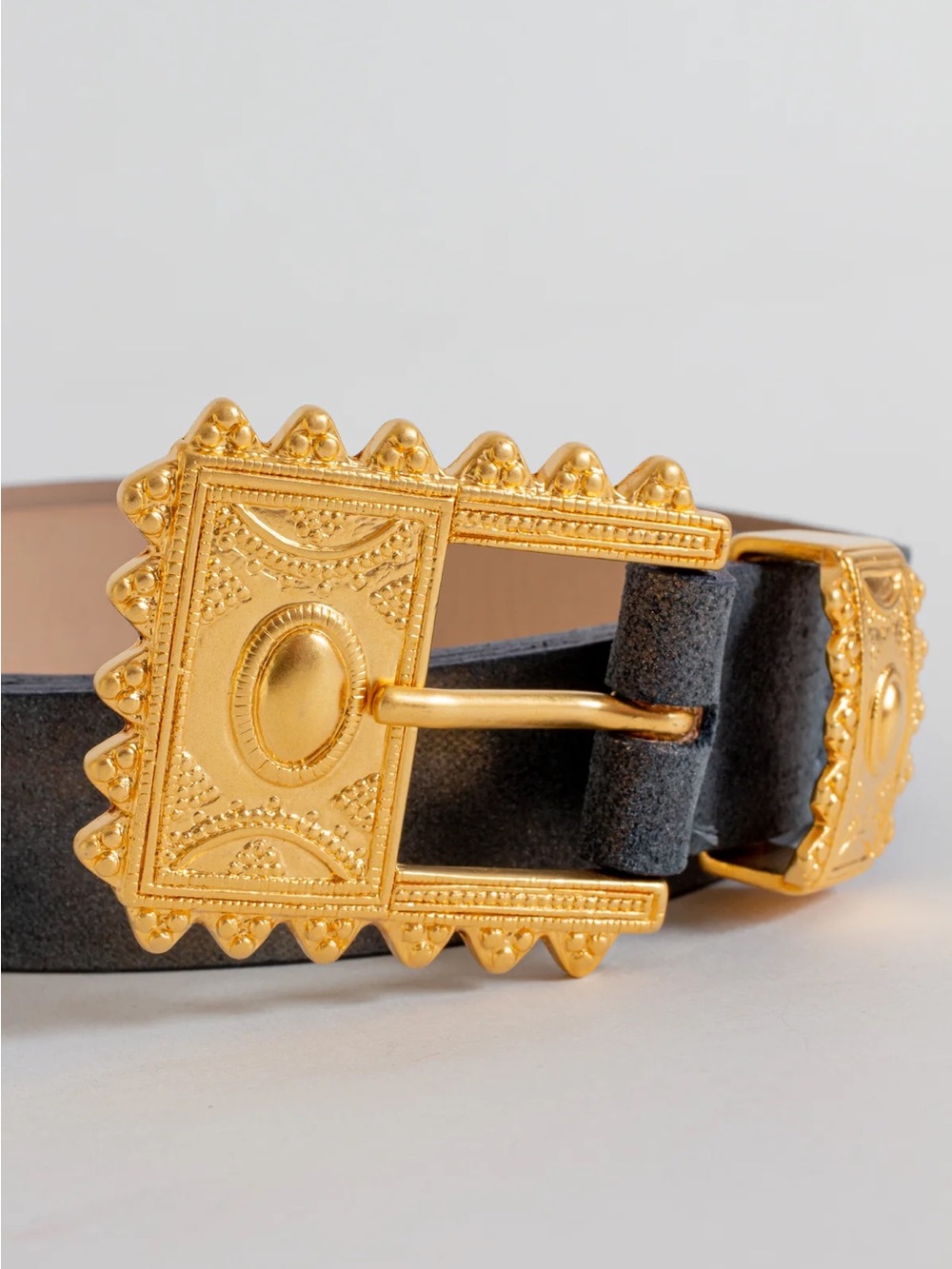 Streets Ahead Gold Ornate Buckle Black Leather Belt
